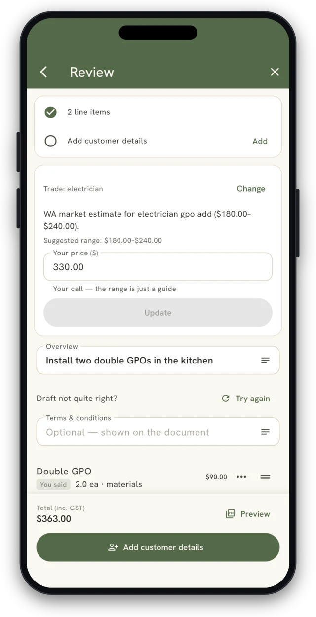 Hovea quote editor: line items with a GST-correct subtotal, GST and total